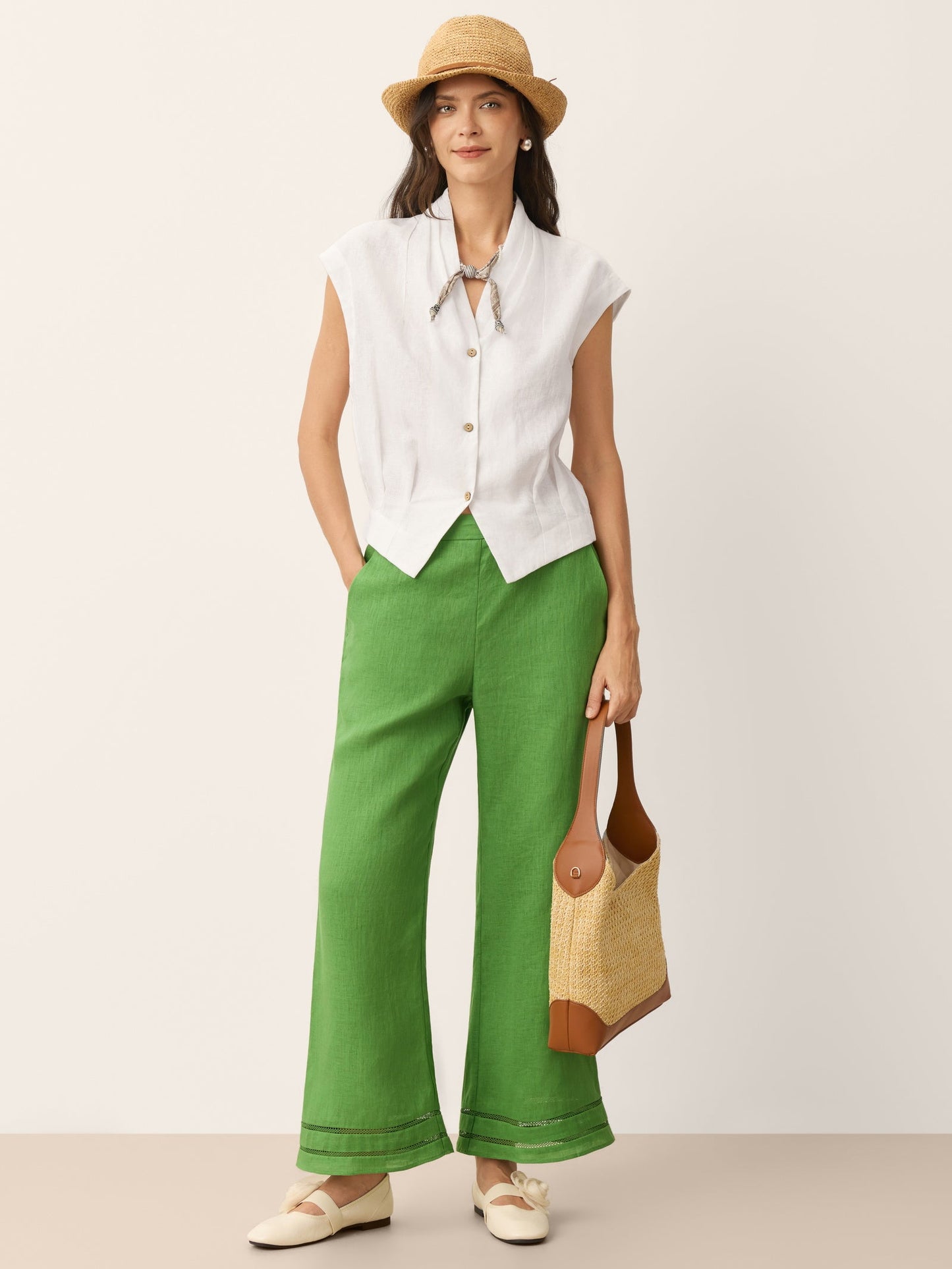 100% Linen Lace Trim Elasticated Waist Cropped Flare Pants NERINA LINTICO