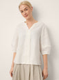 100% Linen Lace Trim Lantern Sleeve V-Neck Top LIVIAN