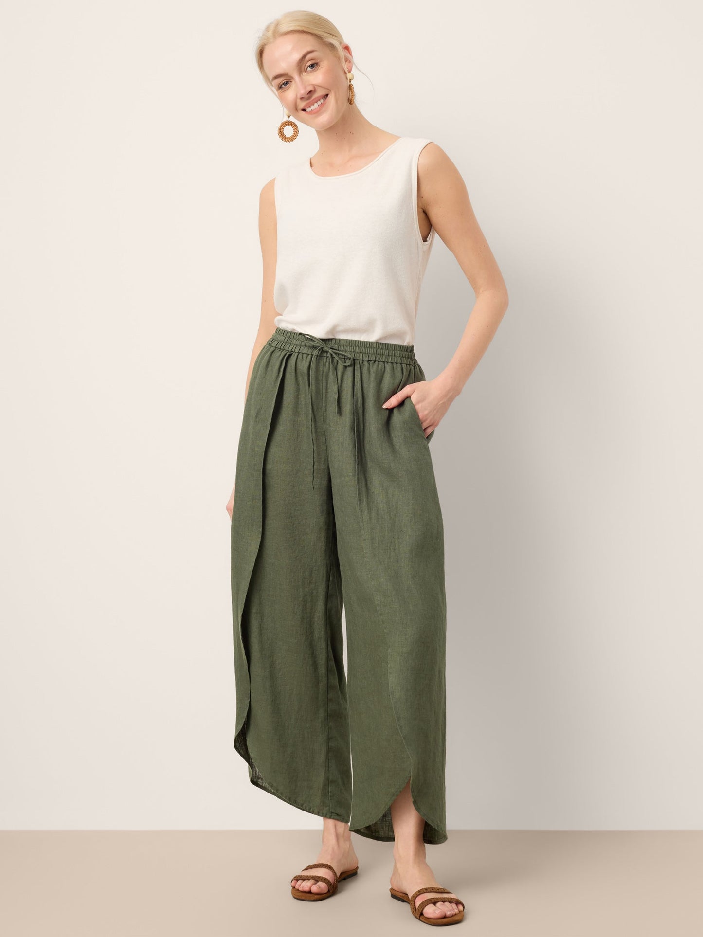 100% Linen Layered Slit Wide-Leg Drawstring Pants PEREGRINE LINTICO