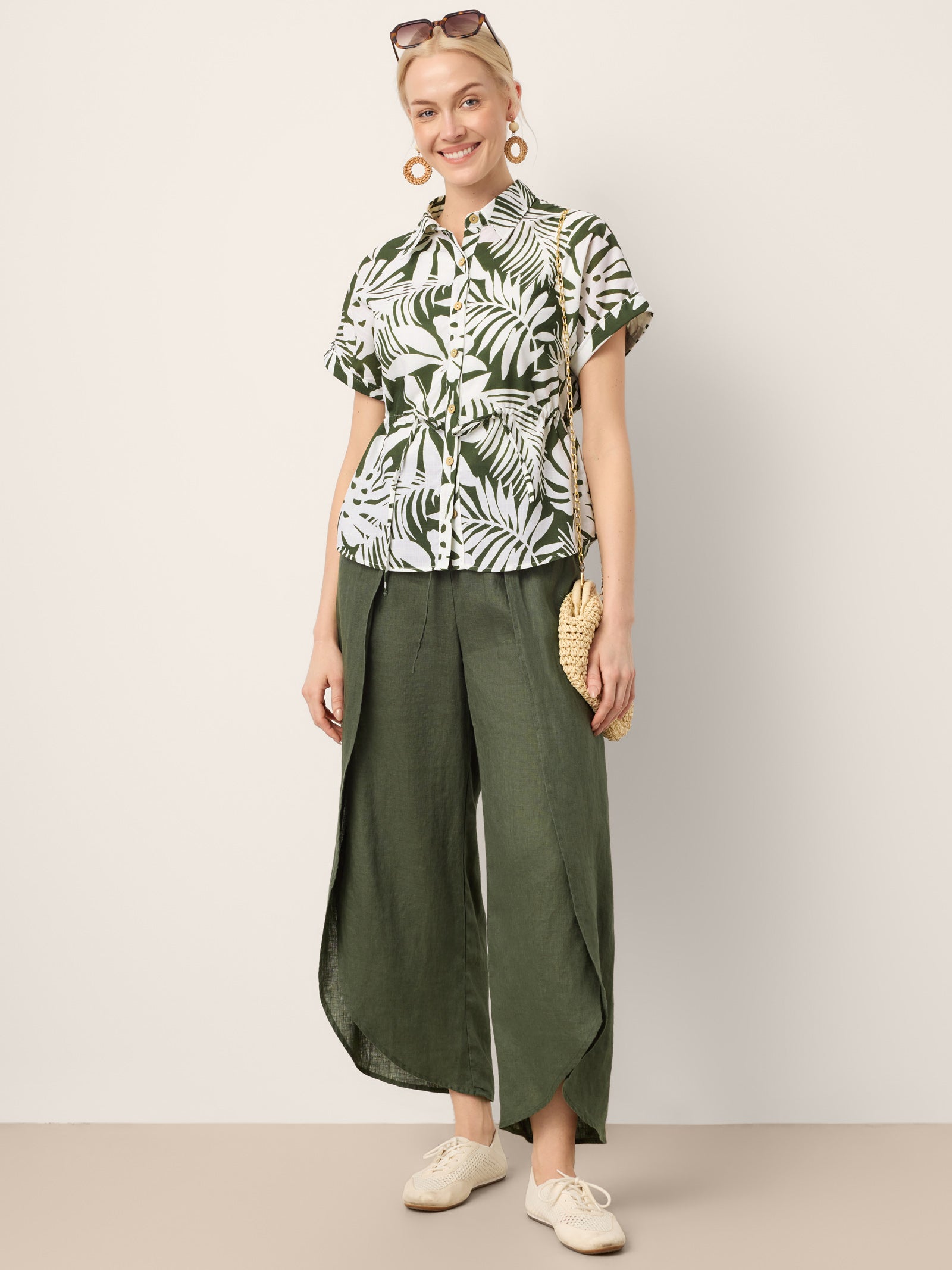 100% Linen Layered Slit Wide-Leg Drawstring Pants PEREGRINE LINTICO