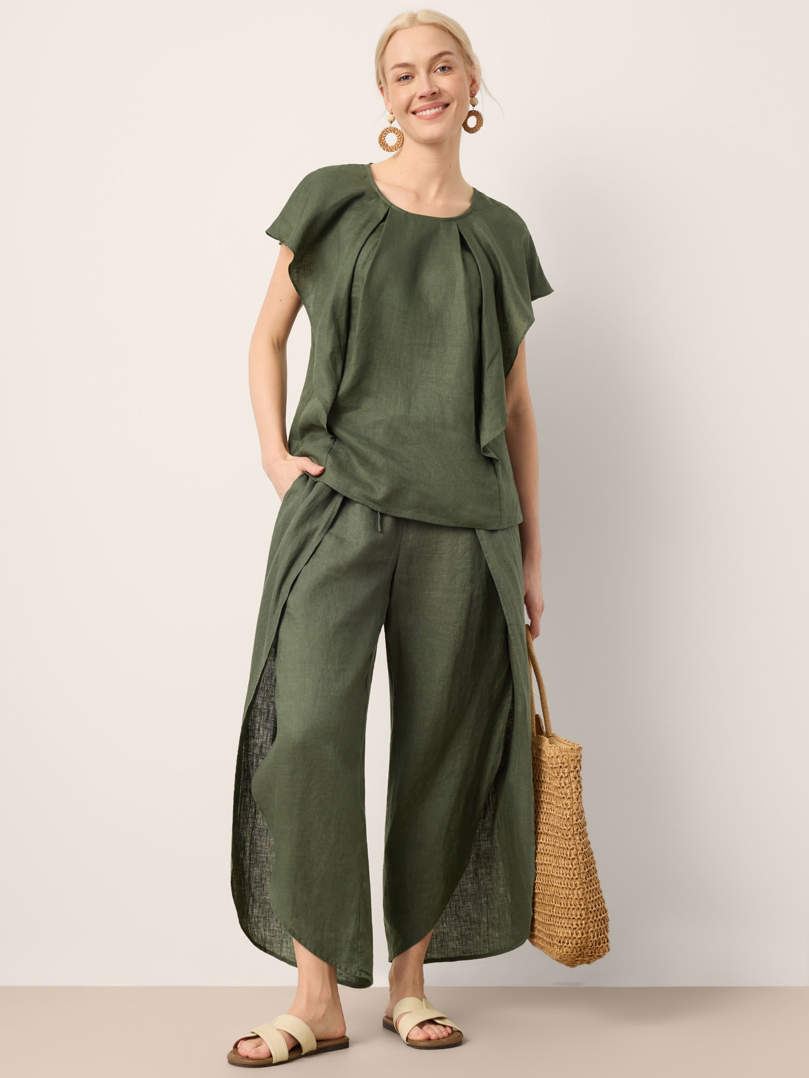100% Linen Layered Slit Wide-Leg Drawstring Pants PEREGRINE LINTICO