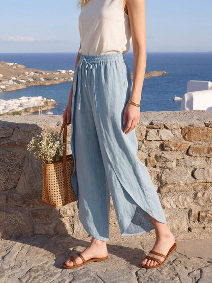 100% Linen Layered Slit Wide-Leg Drawstring Pants PEREGRINE LINTICO