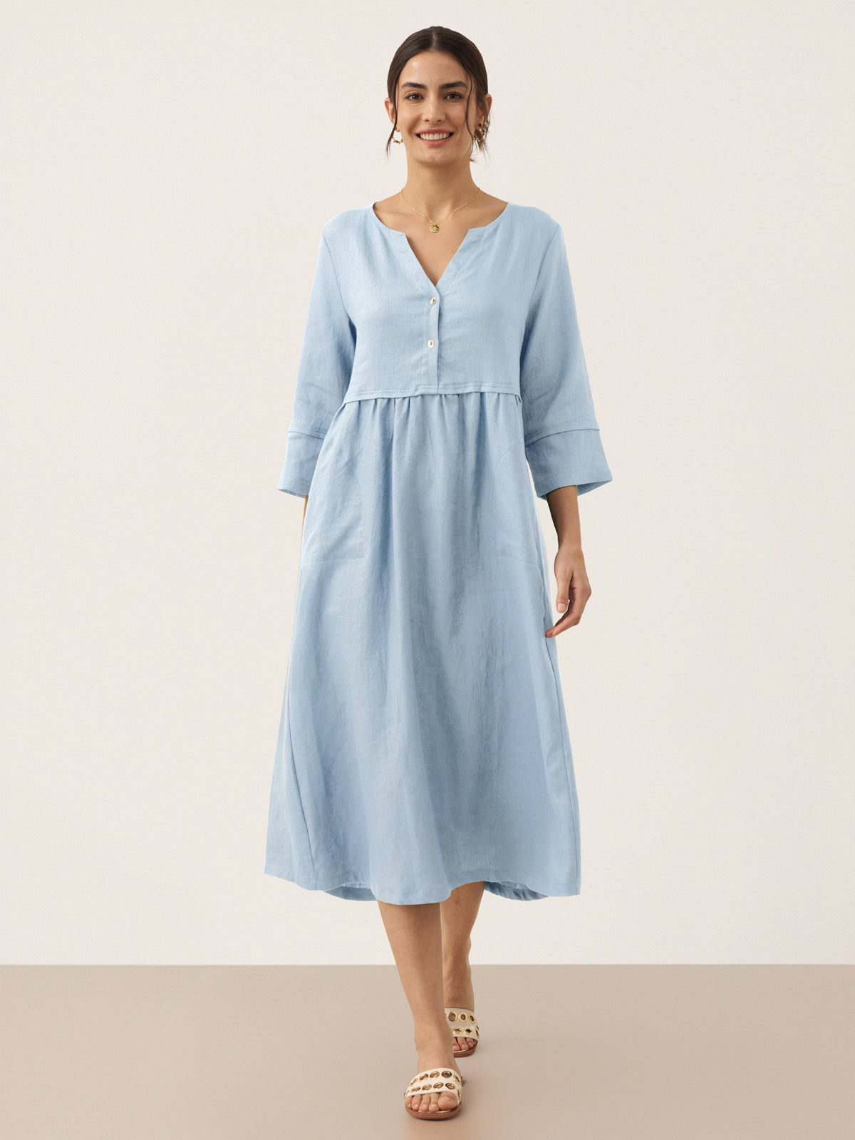 100% Linen Loose Fit Button Waist Gathered Maxi Dress LUNA LINTICO