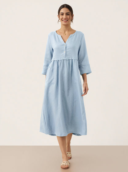 100% Linen Loose Fit Button Waist Gathered Maxi Dress LUNA LINTICO