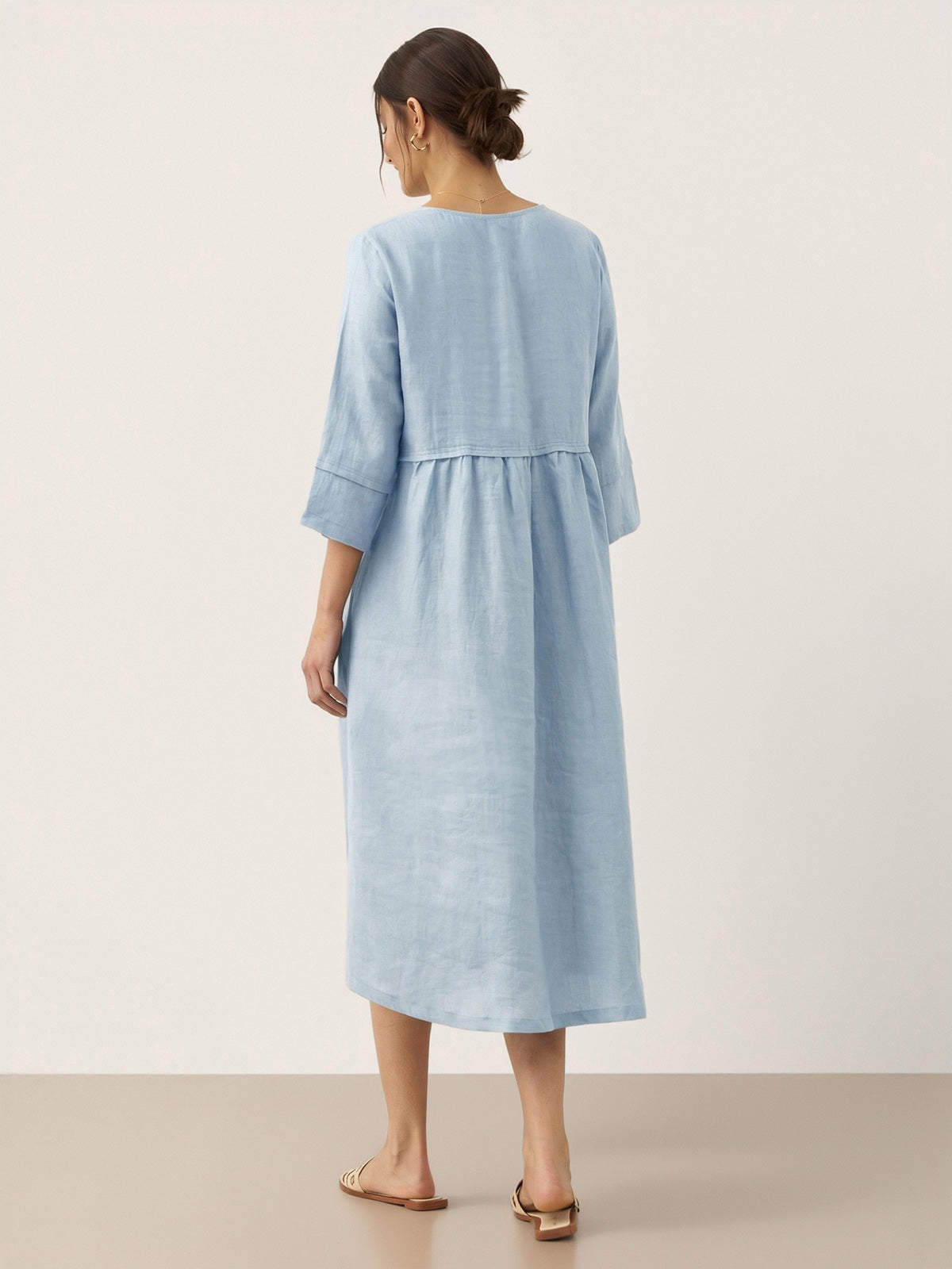 100% Linen Loose Fit Button Waist Gathered Maxi Dress LUNA LINTICO