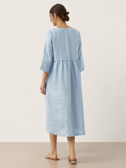 100% Linen Loose Fit Button Waist Gathered Maxi Dress LUNA LINTICO