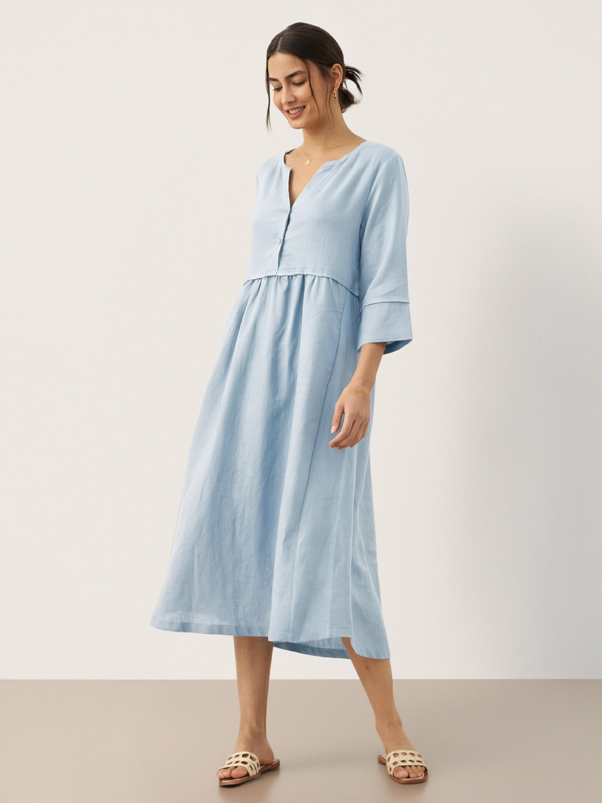 100% Linen Loose Fit Button Waist Gathered Maxi Dress LUNA LINTICO
