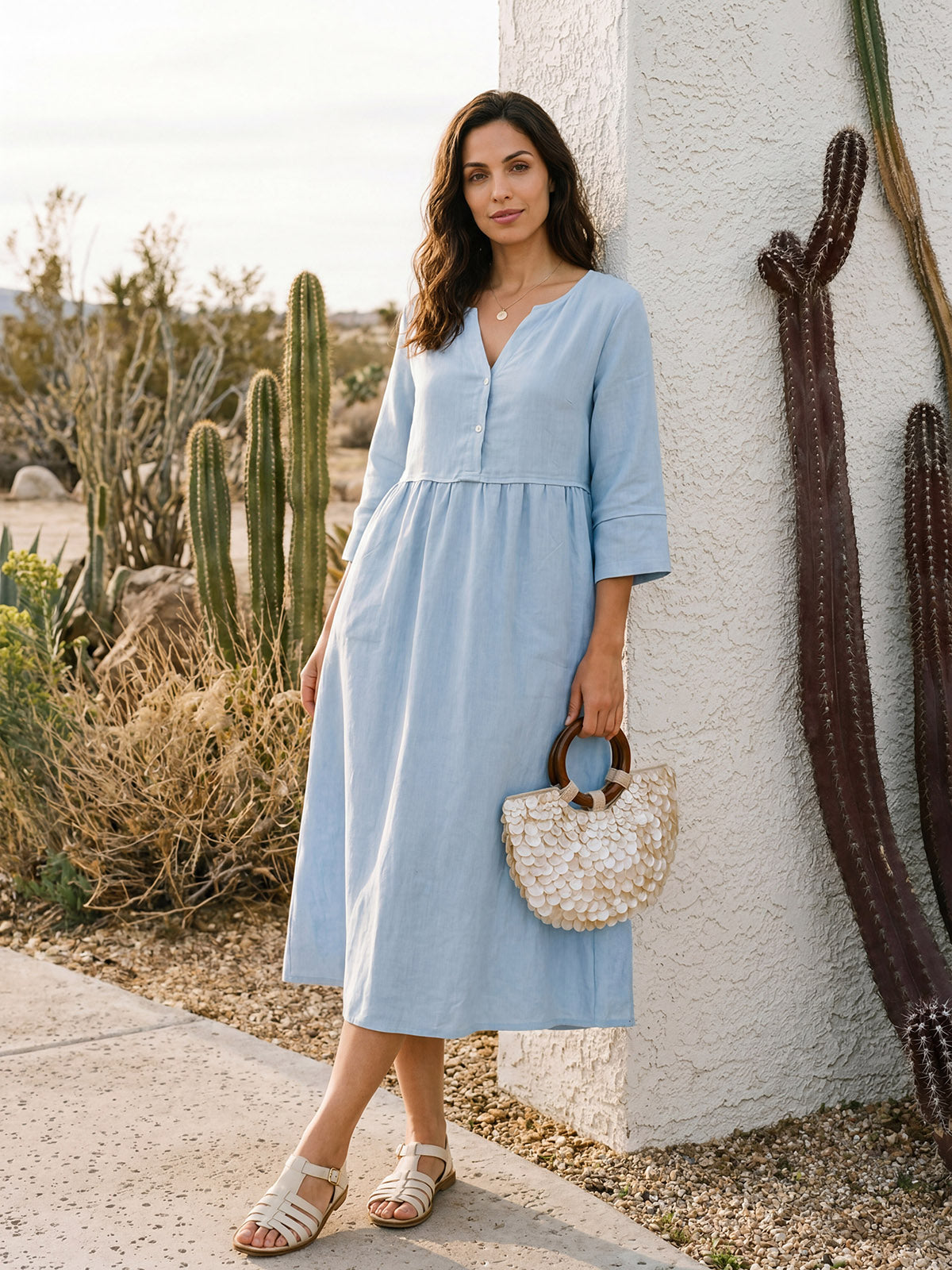 100% Linen Loose Fit Button Waist Gathered Maxi Dress LUNA LINTICO