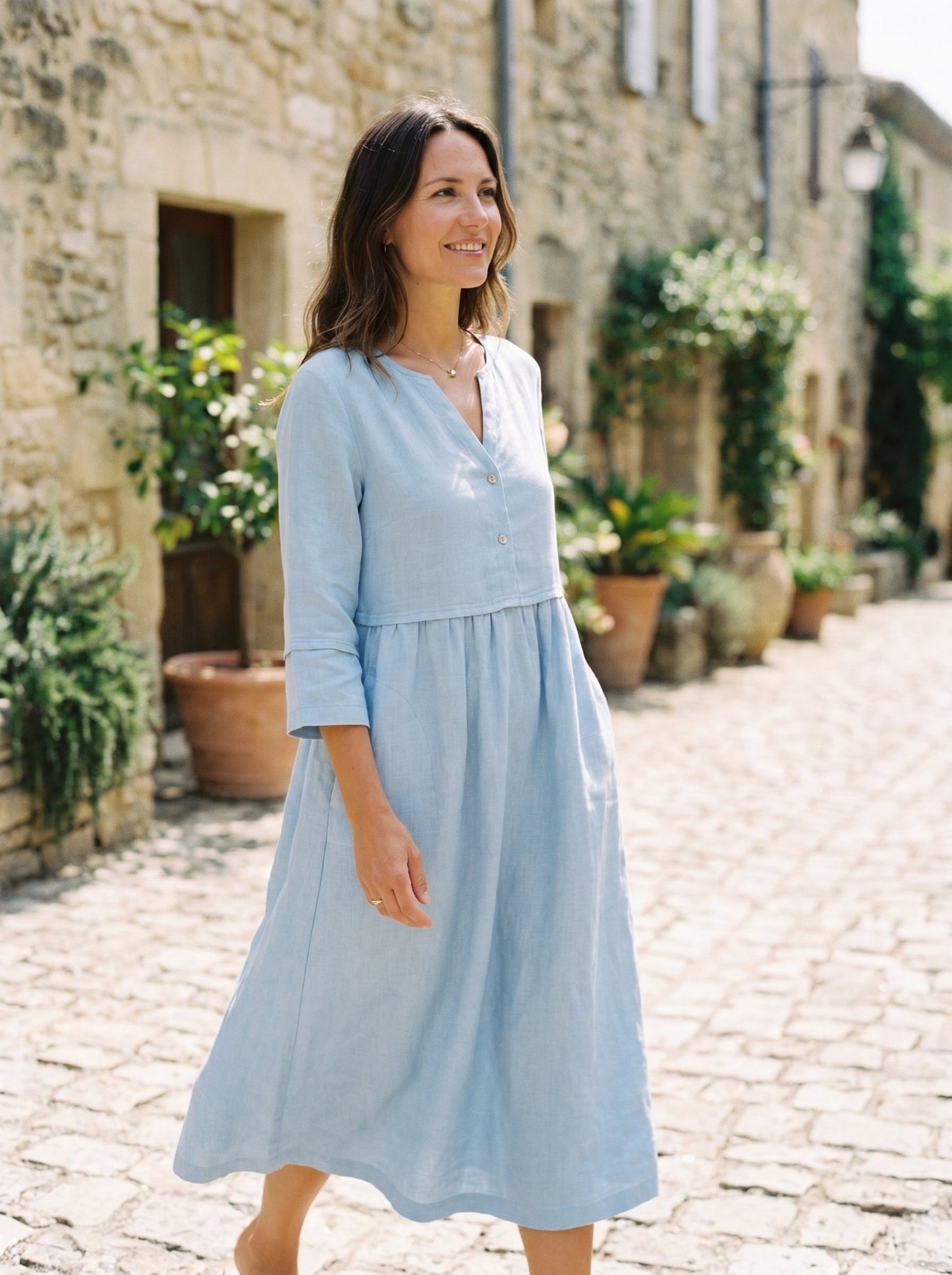 100% Linen Loose Fit Button Waist Gathered Maxi Dress LUNA LINTICO
