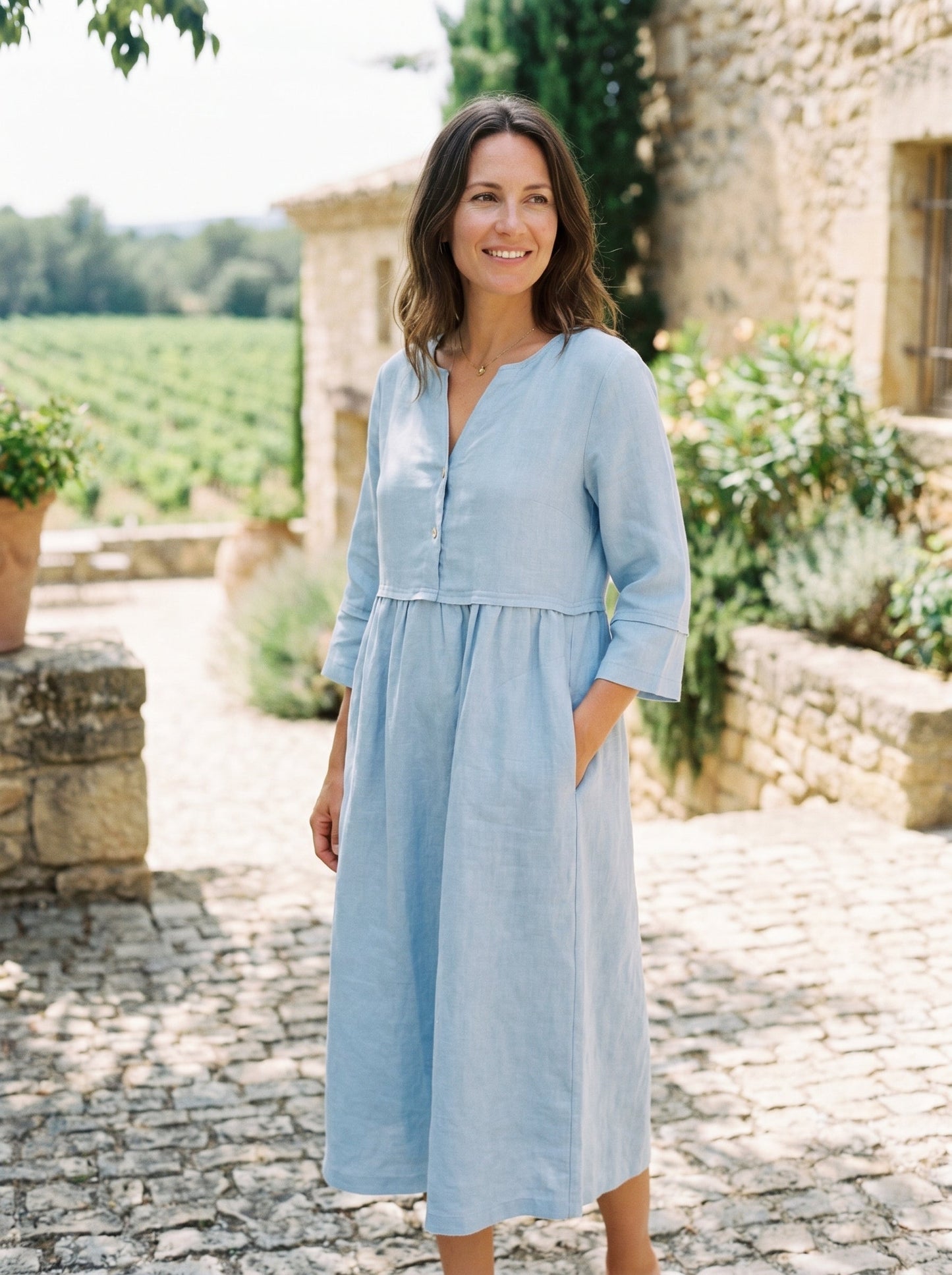 100% Linen Loose Fit Button Waist Gathered Maxi Dress LUNA LINTICO