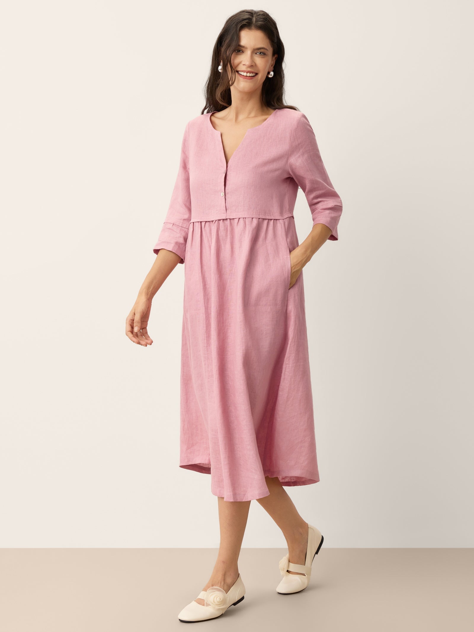 100% Linen Loose Fit Button Waist Gathered Maxi Dress LUNA LINTICO