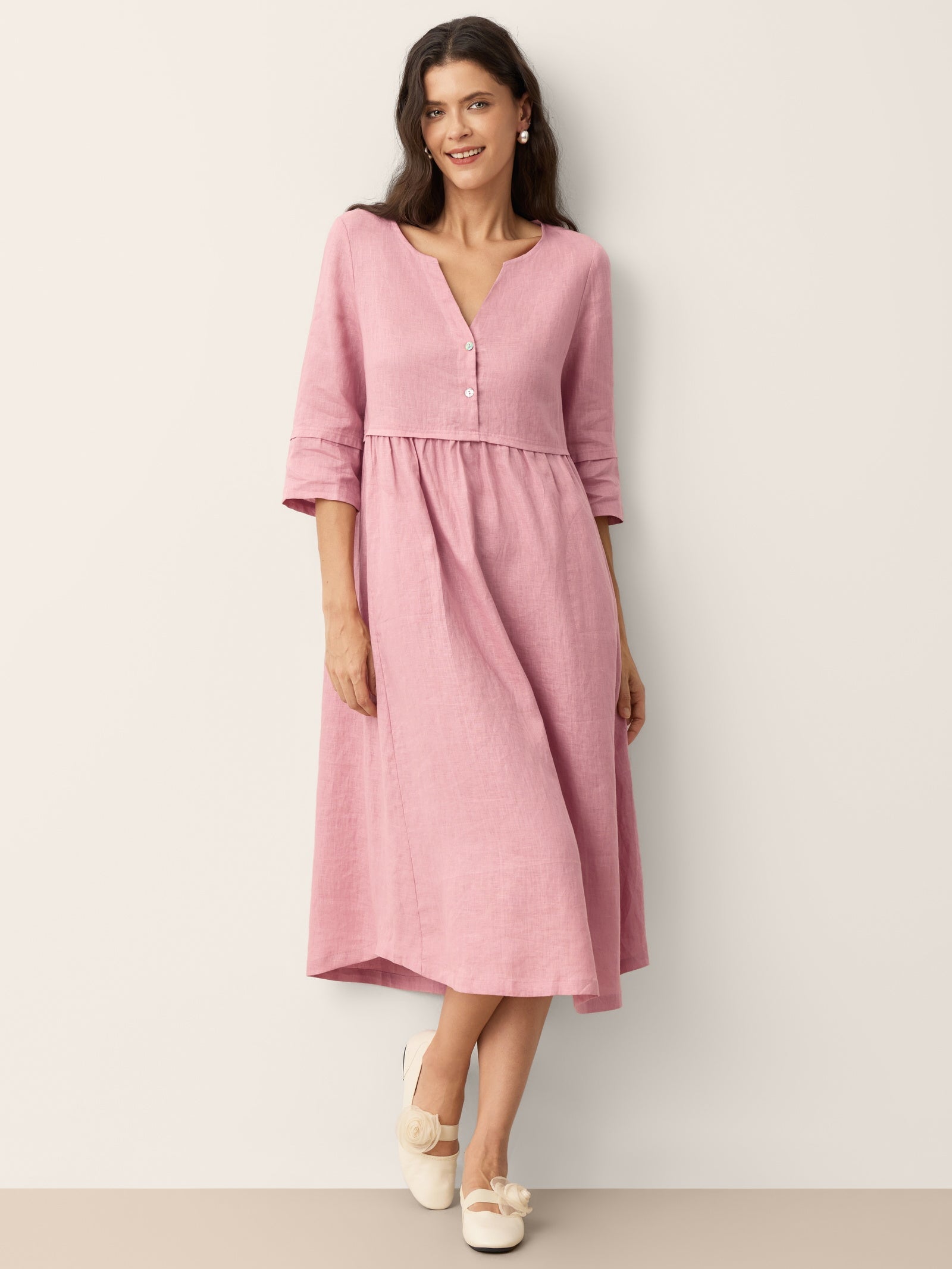 100% Linen Loose Fit Button Waist Gathered Maxi Dress LUNA LINTICO