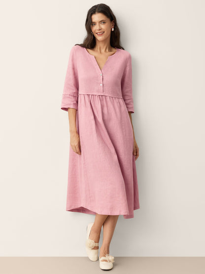 100% Linen Loose Fit Button Waist Gathered Maxi Dress LUNA LINTICO