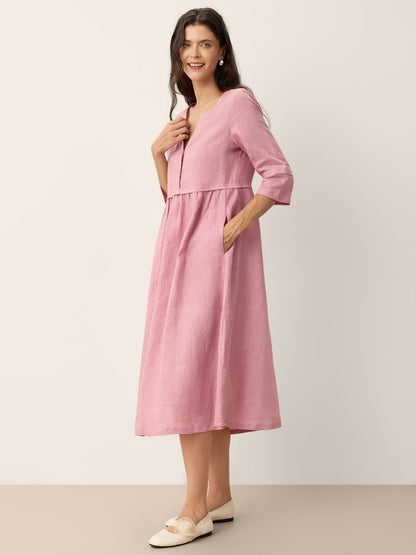 100% Linen Loose Fit Button Waist Gathered Maxi Dress LUNA LINTICO