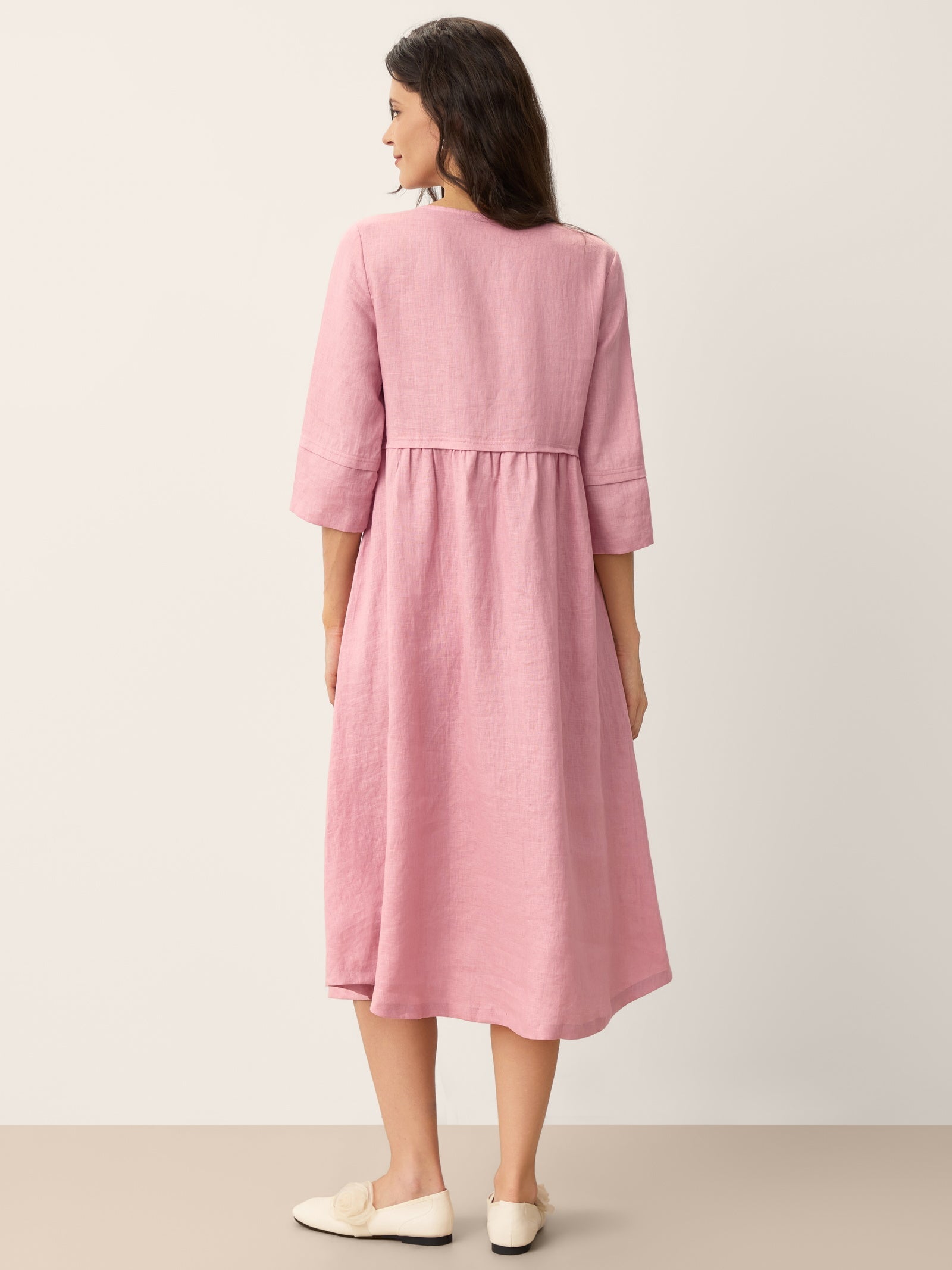 100% Linen Loose Fit Button Waist Gathered Maxi Dress LUNA LINTICO