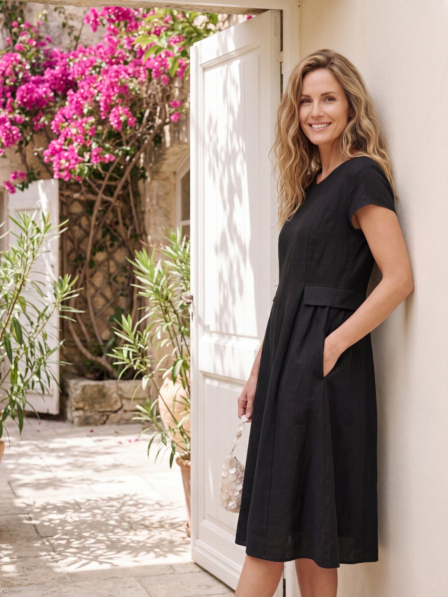 100% Linen Natural Summer V-Neck Dress ALEXA LINTICO
