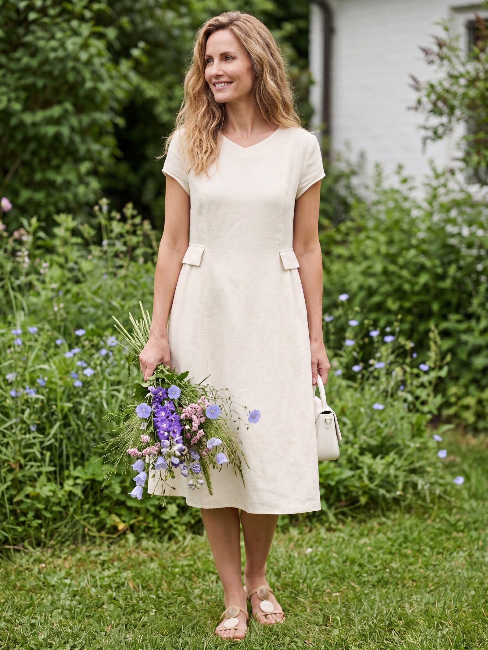 100% Linen Natural Summer V-Neck Dress ALEXA LINTICO