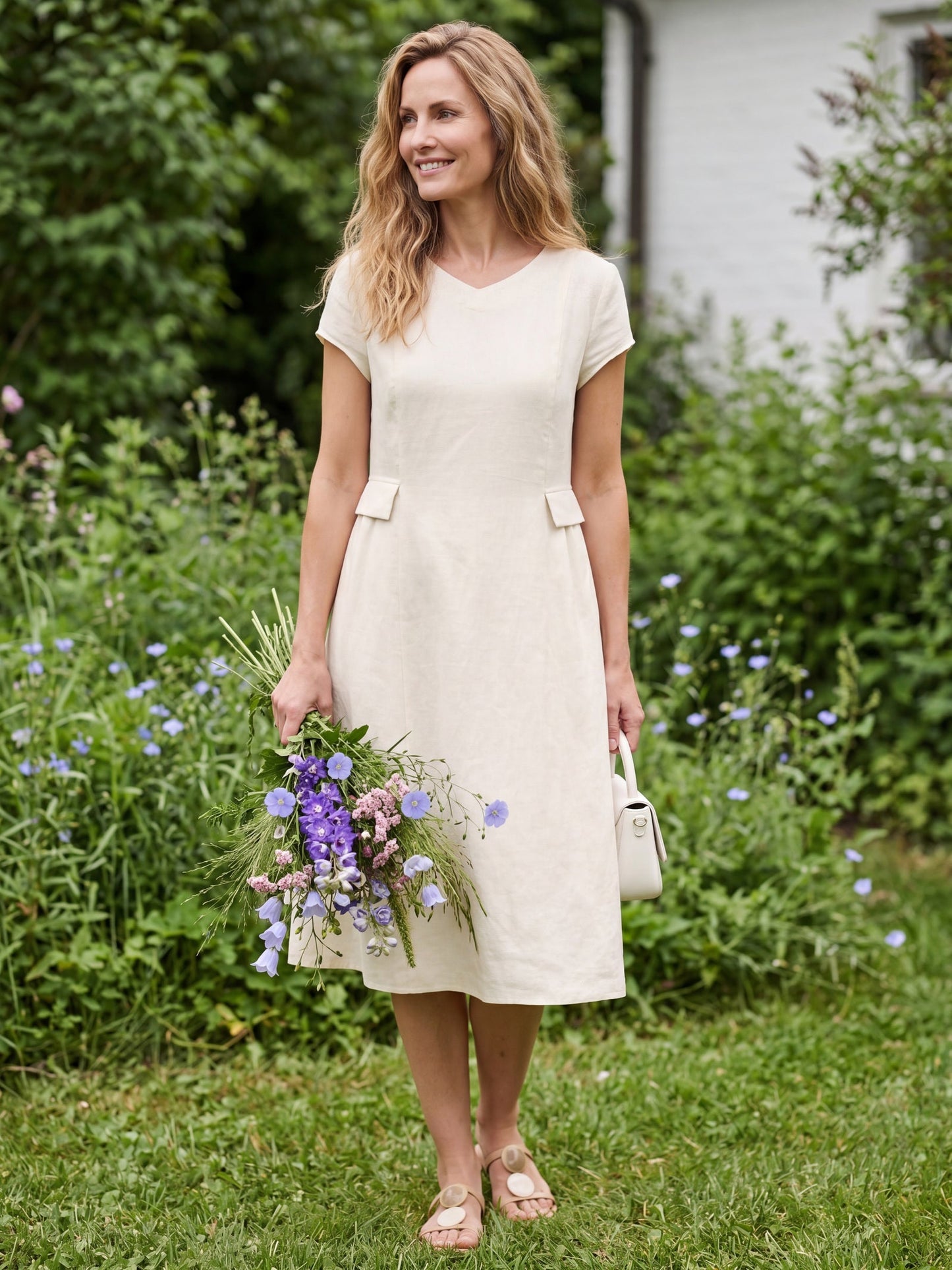 100% Linen Natural Summer V-Neck Dress ALEXA LINTICO