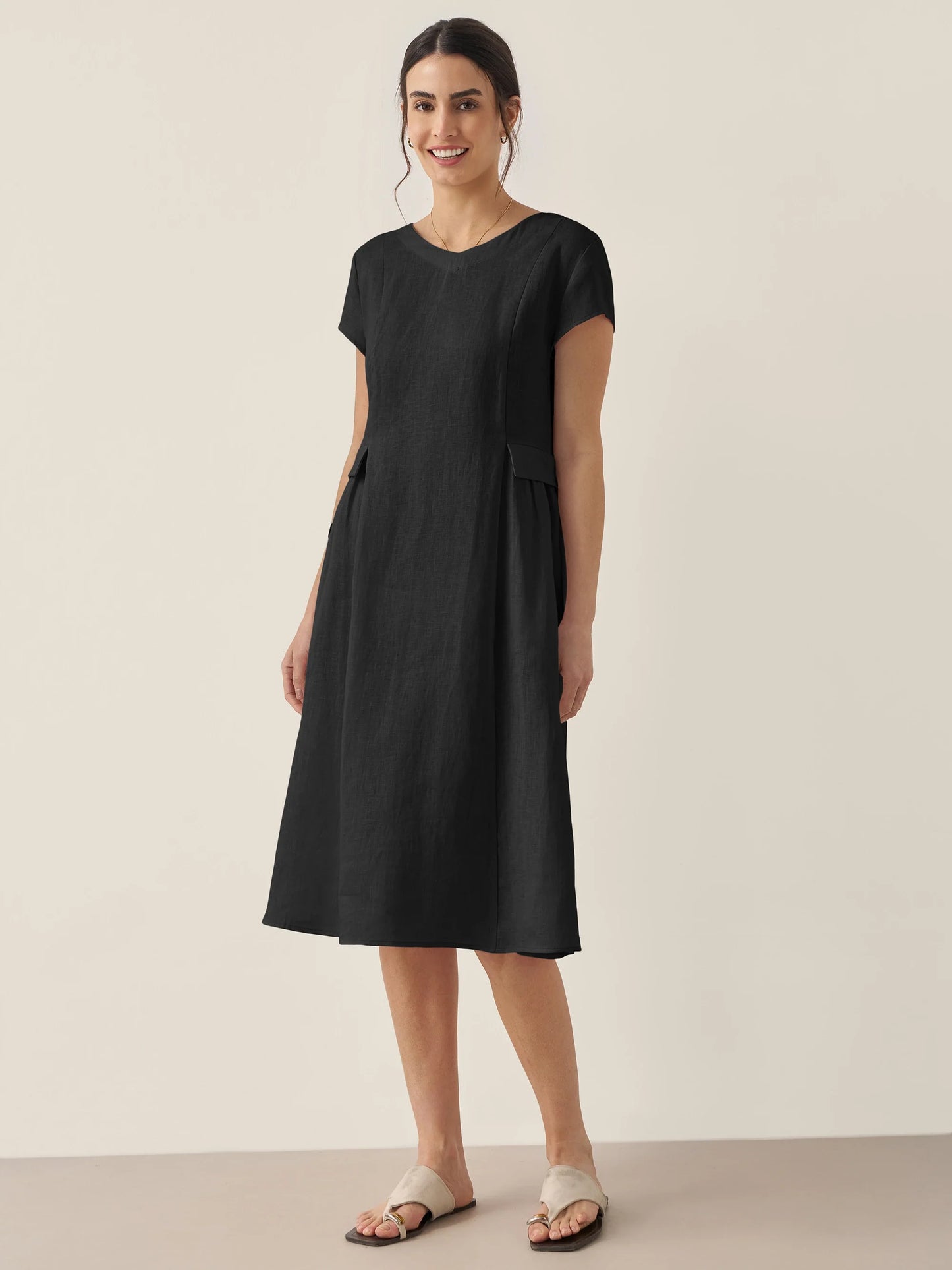 100% Linen Natural Summer V-Neck Dress ALEXA LINTICO