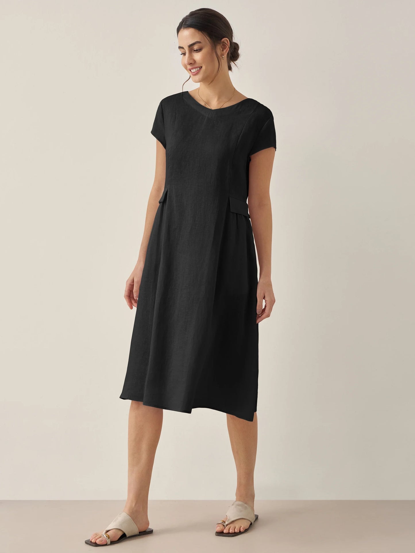 100% Linen Natural Summer V-Neck Dress ALEXA