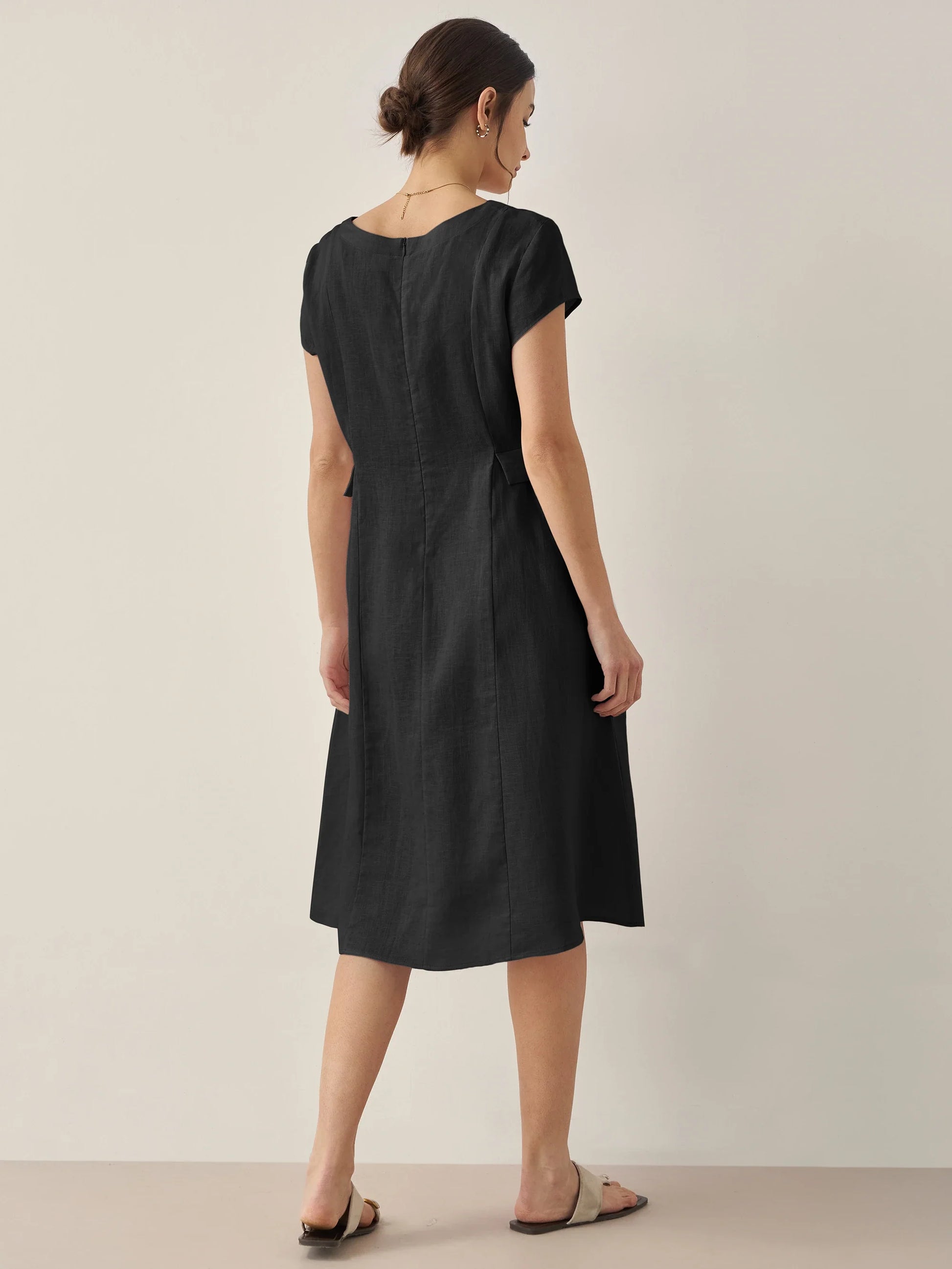 100% Linen Natural Summer V-Neck Dress ALEXA LINTICO