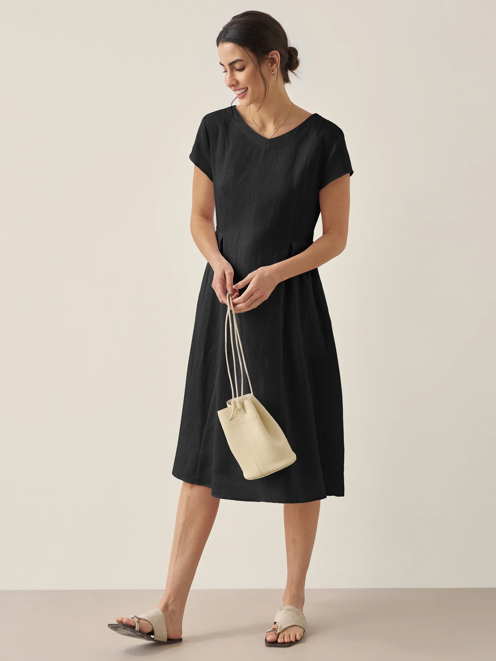 100% Linen Natural Summer V-Neck Dress ALEXA LINTICO