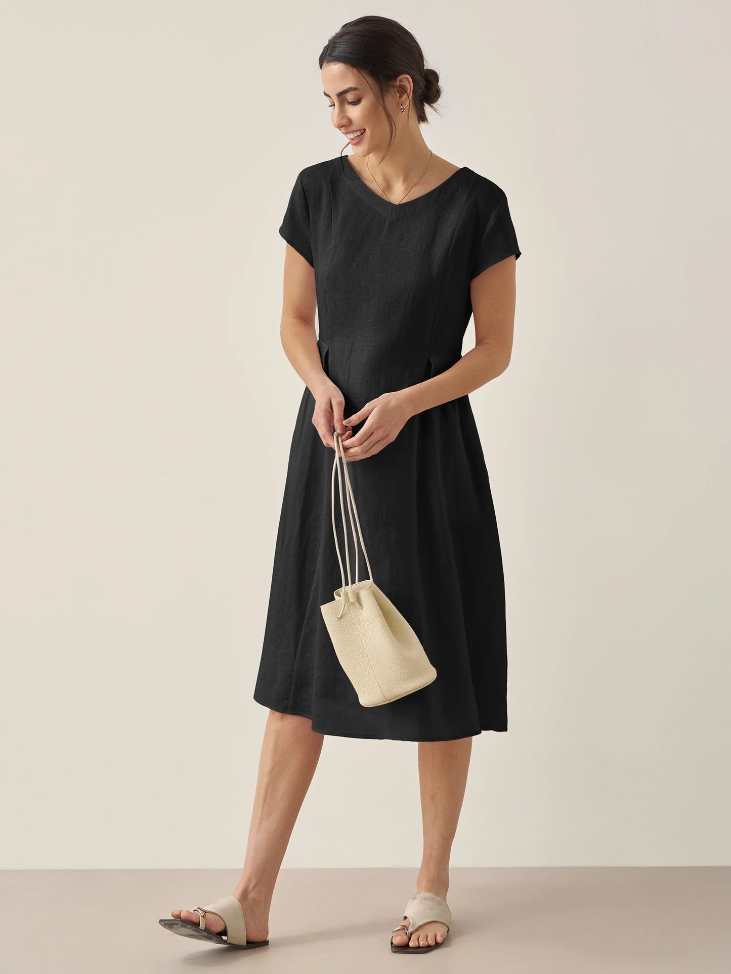 100% Linen Natural Summer V-Neck Dress ALEXA LINTICO