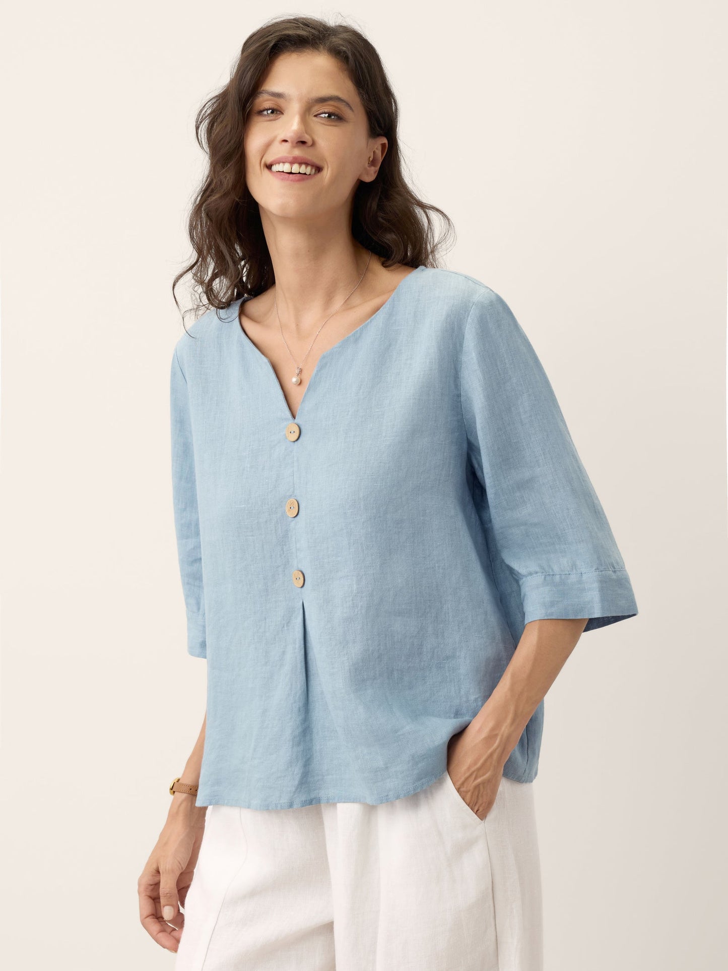 100% Linen Split Neck Inverted Pleat Top TABITHA LINTICO