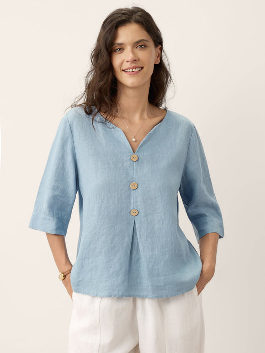 100% Linen Split Neck Inverted Pleat Top TABITHA LINTICO