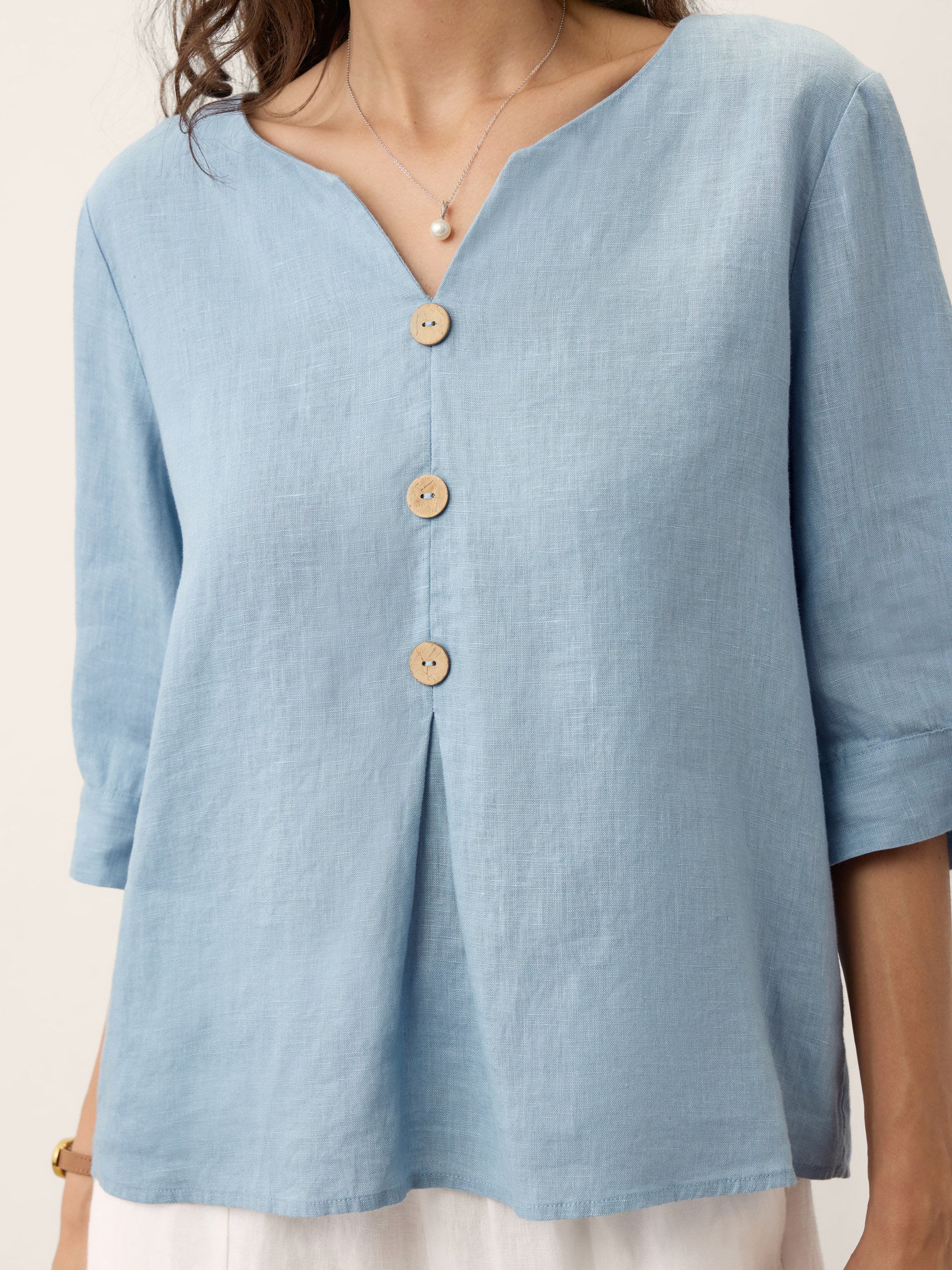 100% Linen Split Neck Inverted Pleat Top TABITHA LINTICO
