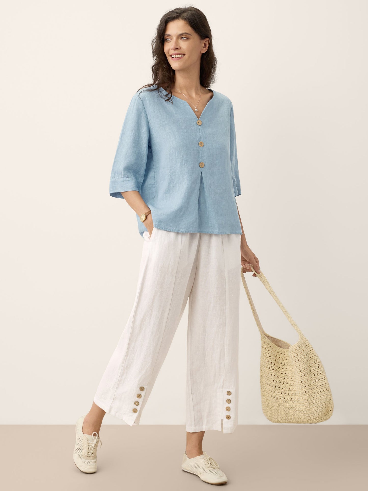 100% Linen Split Neck Inverted Pleat Top TABITHA LINTICO