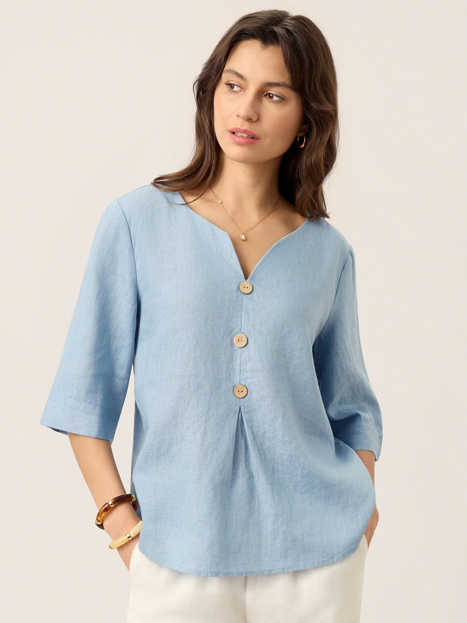 100% Linen Split Neck Inverted Pleat Top TABITHA LINTICO