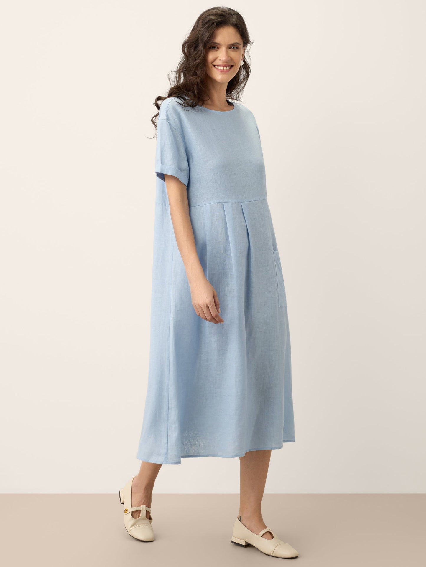 100% Linen Pinstripe Paneled Short-Sleeved Dress MORGAN LINTICO