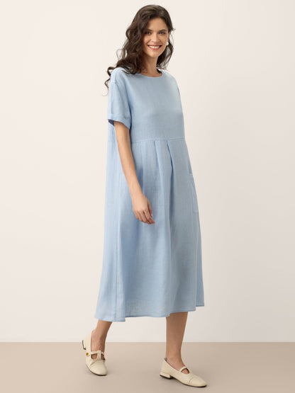 100% Linen Pinstripe Paneled Short-Sleeved Dress MORGAN LINTICO