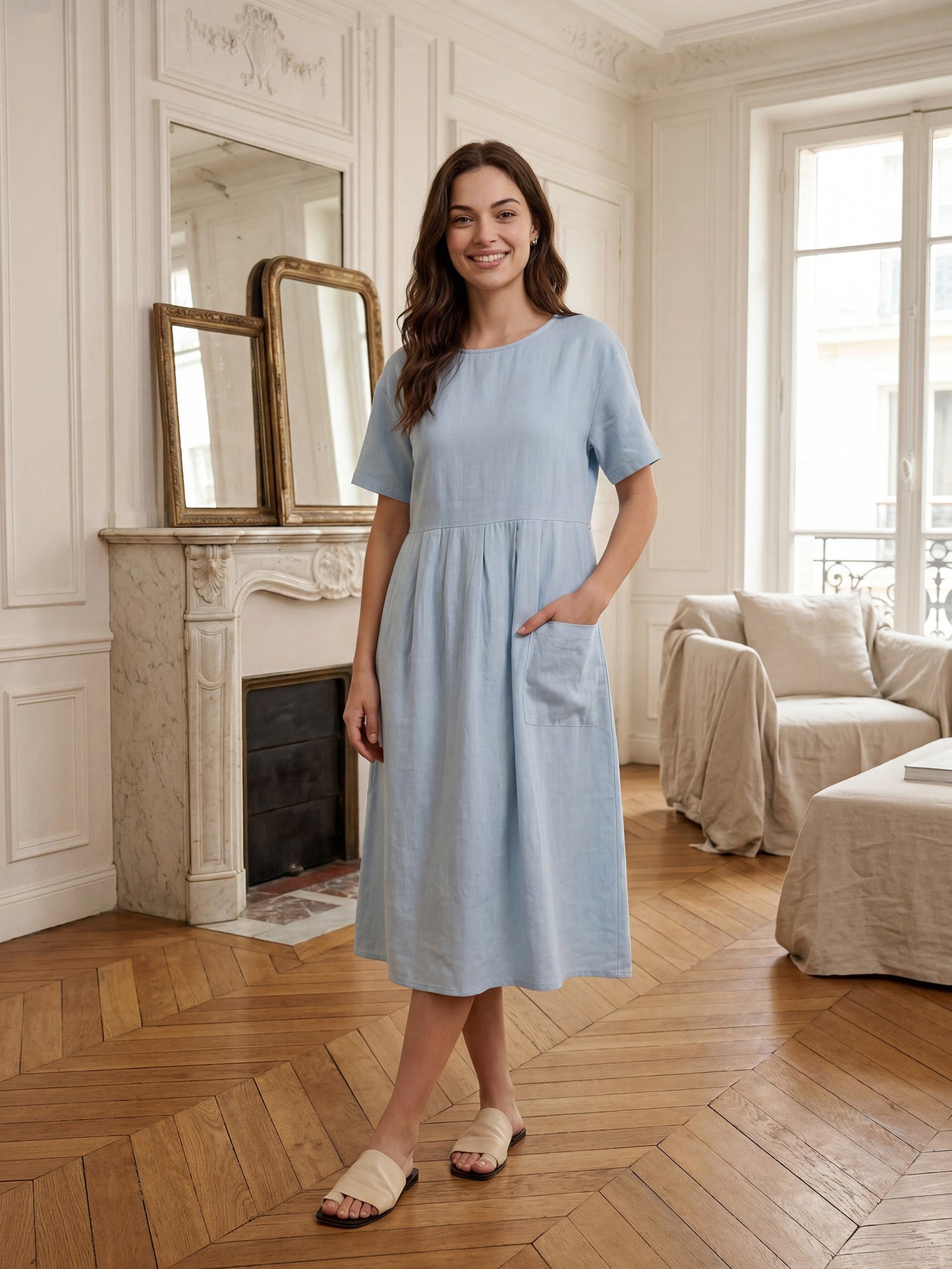 100% Linen Pinstripe Paneled Short-Sleeved Dress MORGAN LINTICO