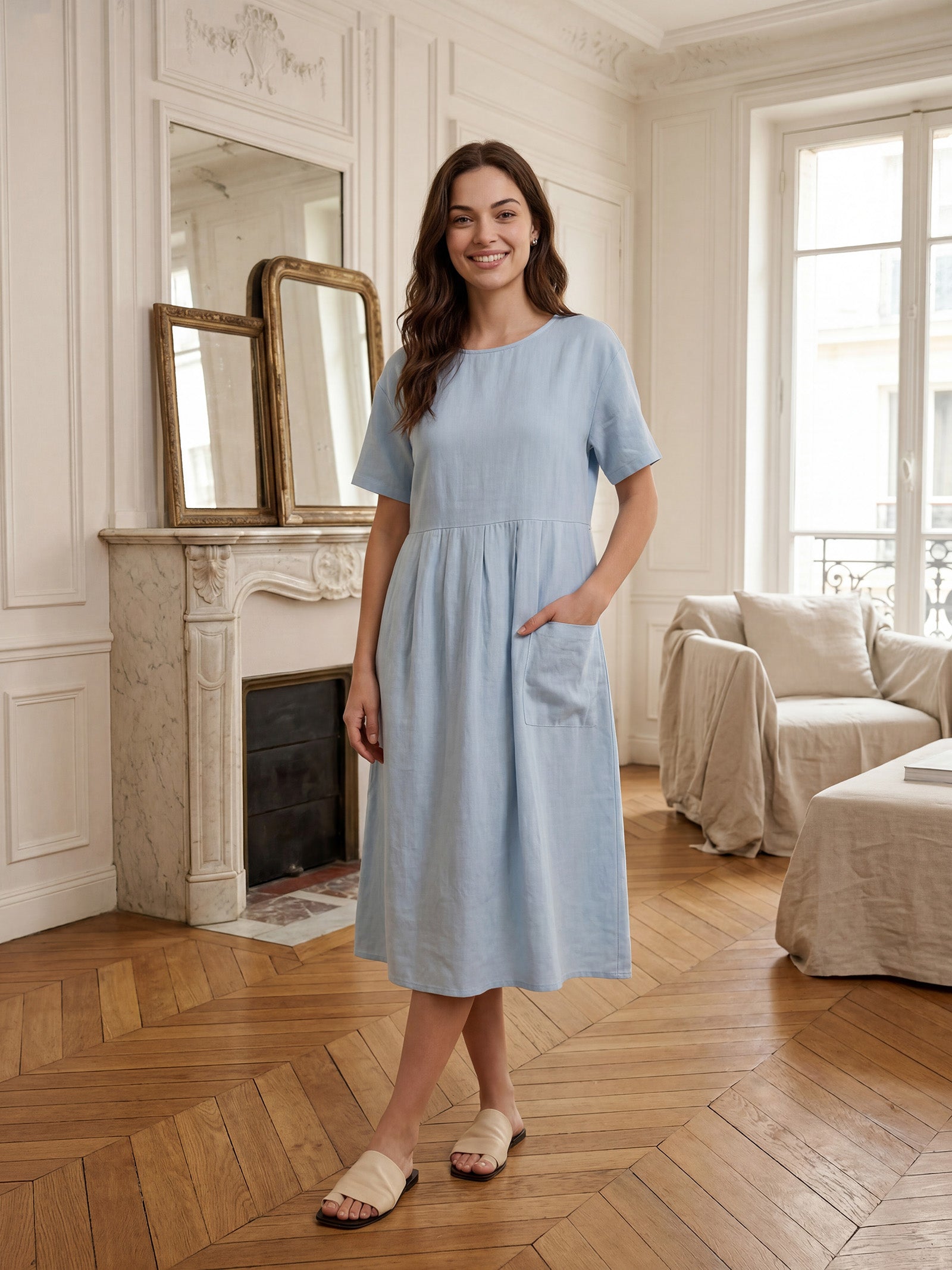 100% Linen Pinstripe Paneled Short-Sleeved Dress MORGAN LINTICO