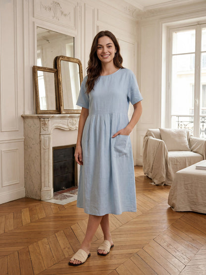 100% Linen Pinstripe Paneled Short-Sleeved Dress MORGAN LINTICO