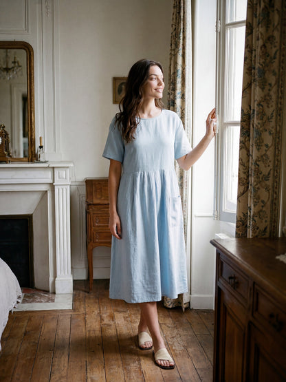 100% Linen Pinstripe Paneled Short-Sleeved Dress MORGAN LINTICO