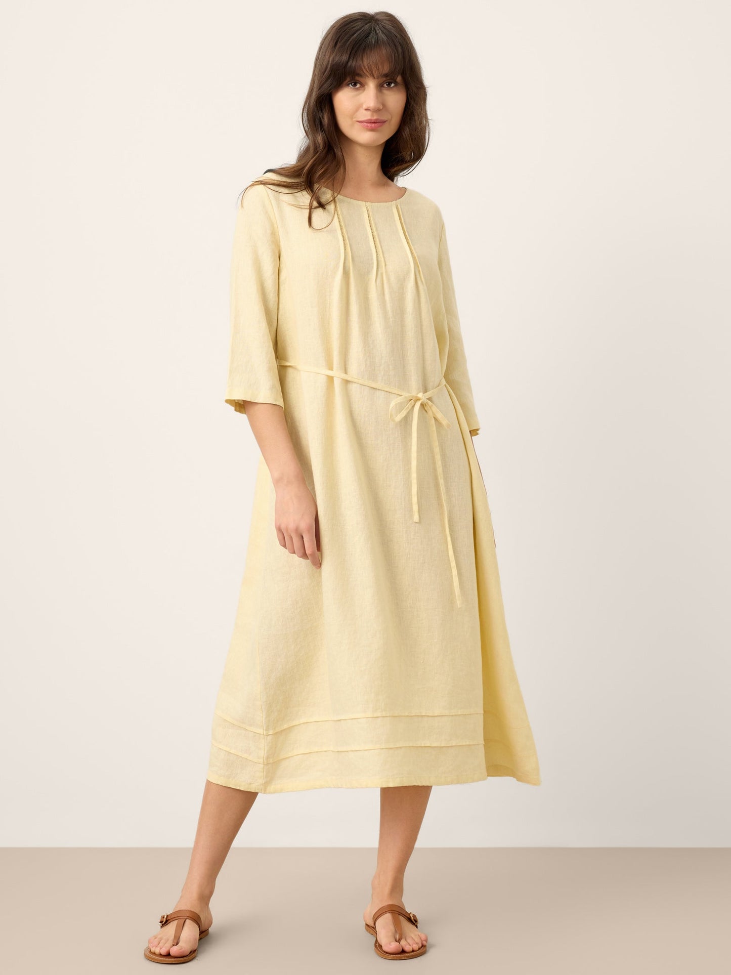 100% Linen Pintucked Embroidered Adjustable Belt Tiered Maxi Dres VERENA