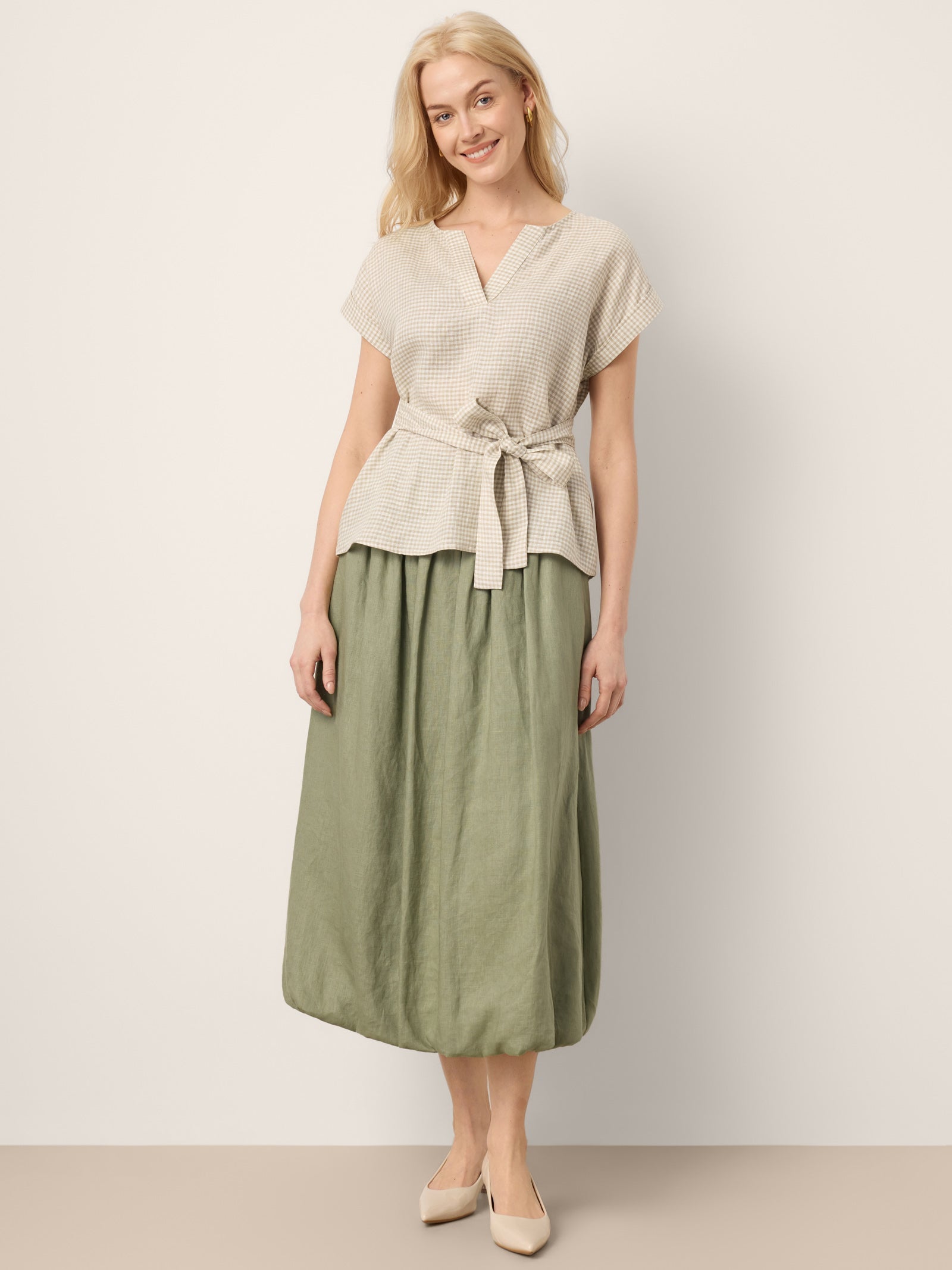 100% Linen Gathered Waist Bubble Hem A-Line Skirt LEONA LINTICO