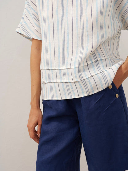 100% Linen Pleated Striped Pullover Top VIA