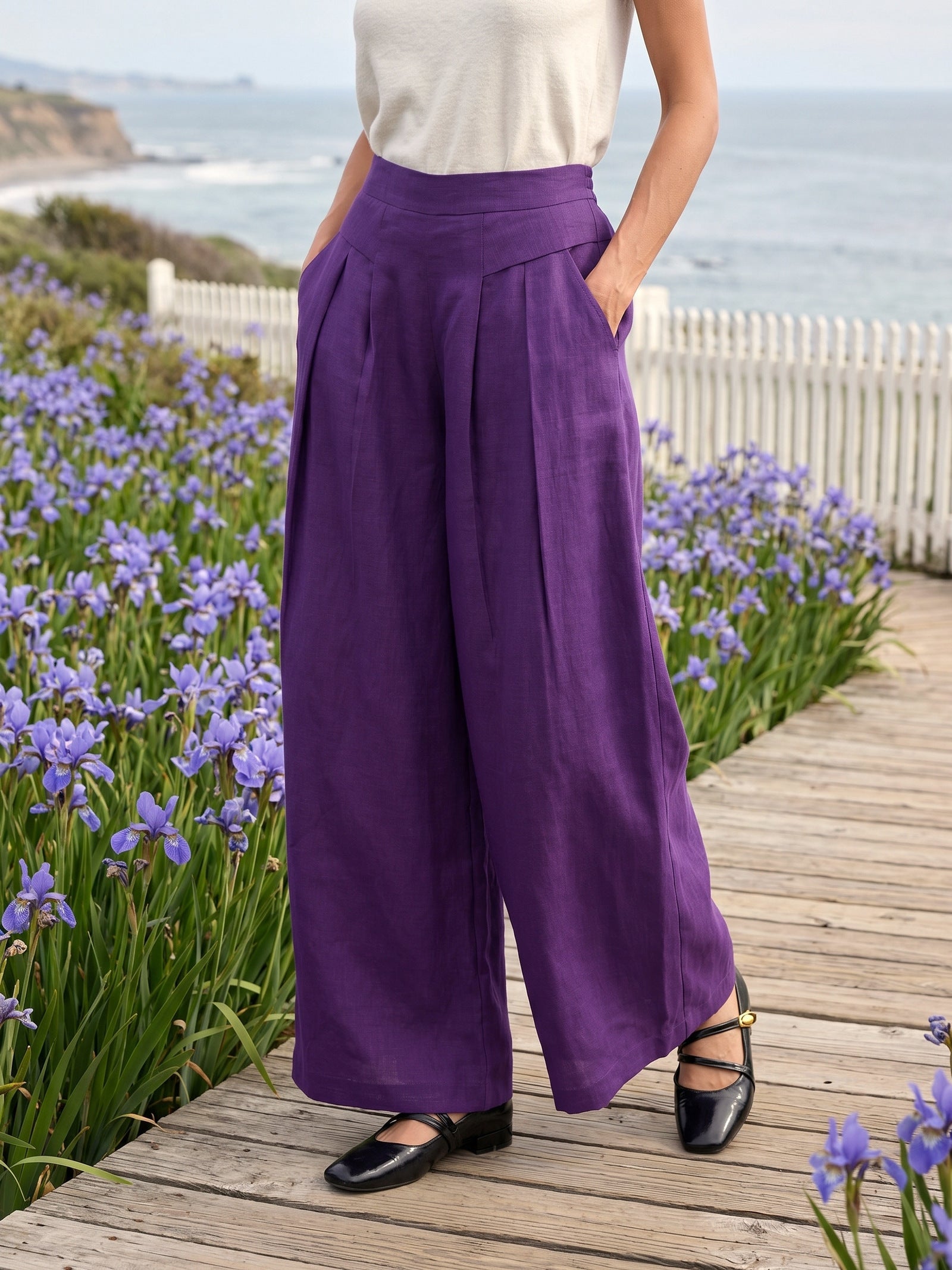 100% Linen Pleated Waist Wide Leg Pants LOUISA LINTICO