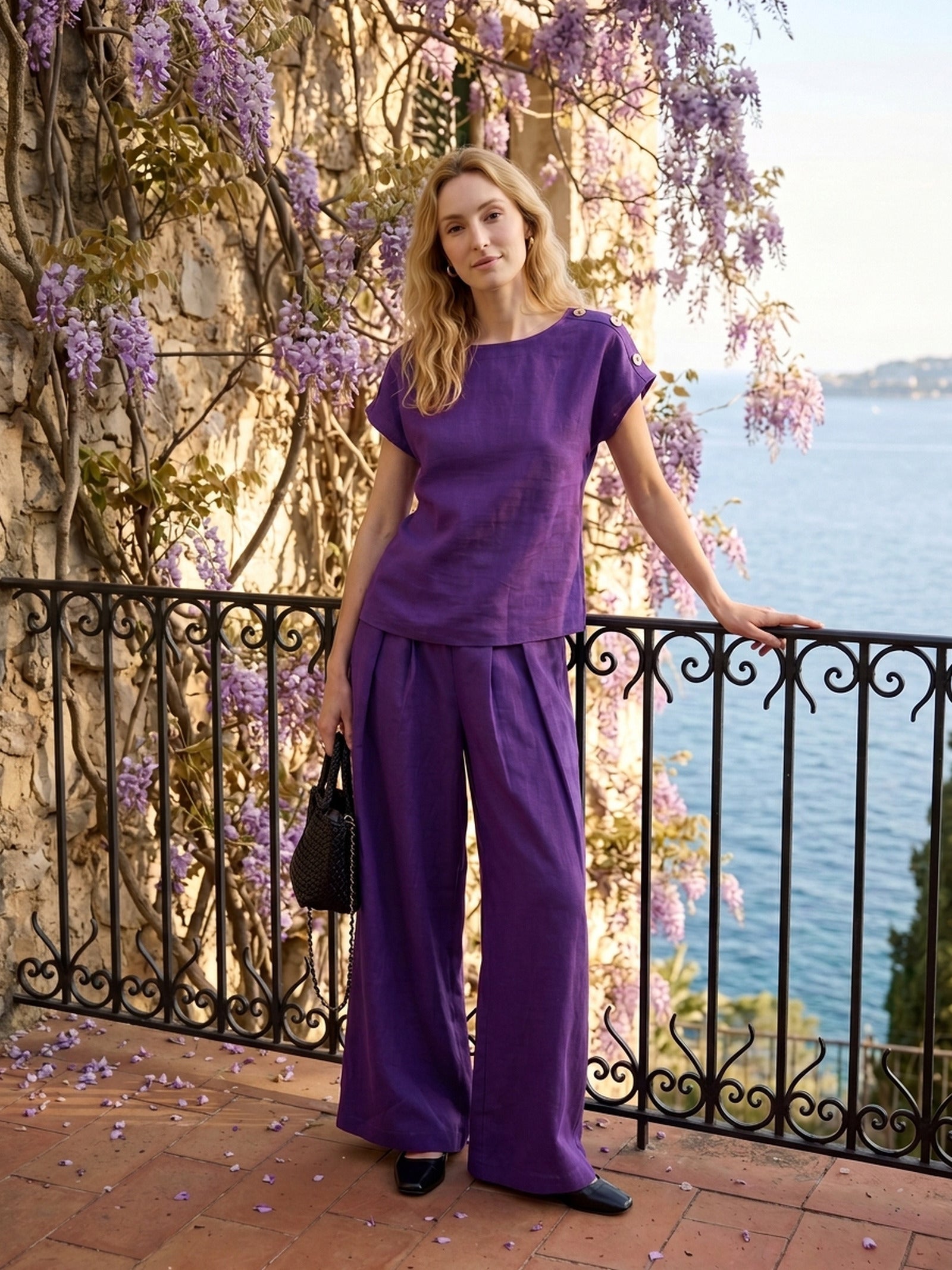 100% Linen Pleated Waist Wide Leg Pants LOUISA LINTICO