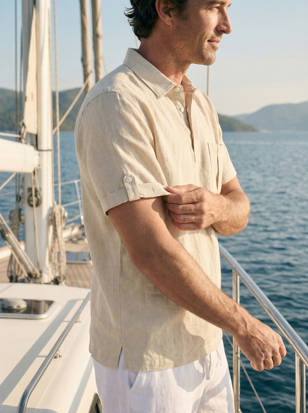 100% Linen Polo-Collar Short-Sleeve Shirt FREDERICK LINTICO
