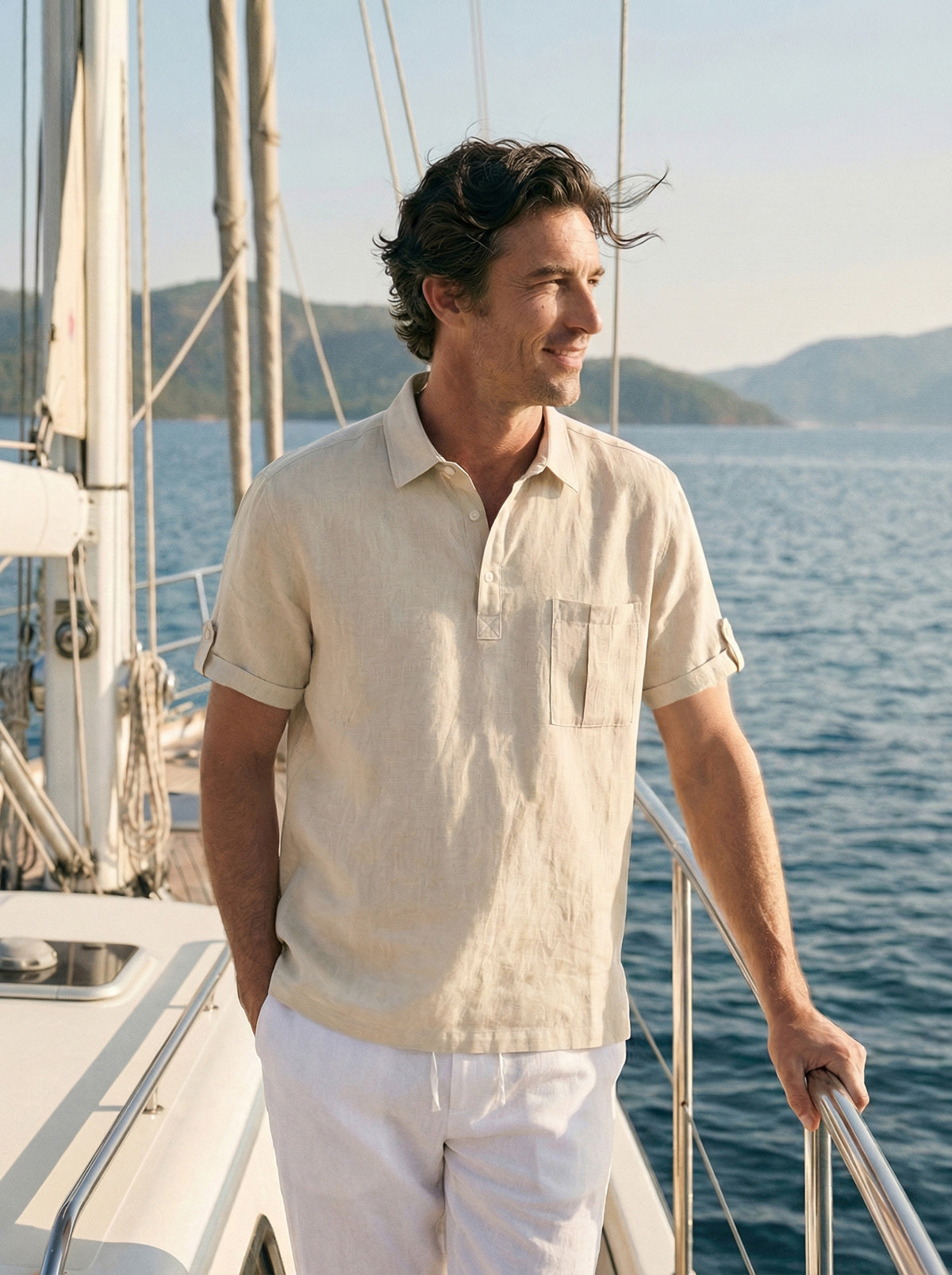100% Linen Polo-Collar Short-Sleeve Shirt FREDERICK LINTICO