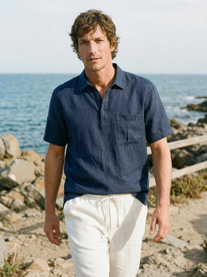 100% Linen Polo-Collar Short-Sleeve Shirt FREDERICK LINTICO
