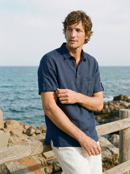 100% Linen Polo-Collar Short-Sleeve Shirt FREDERICK LINTICO