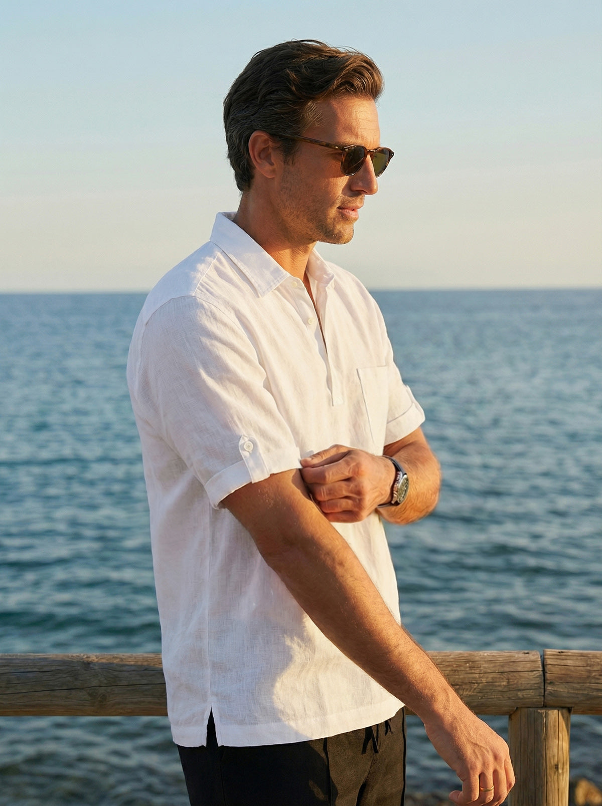 100% Linen Polo-Collar Short-Sleeve Shirt FREDERICK LINTICO
