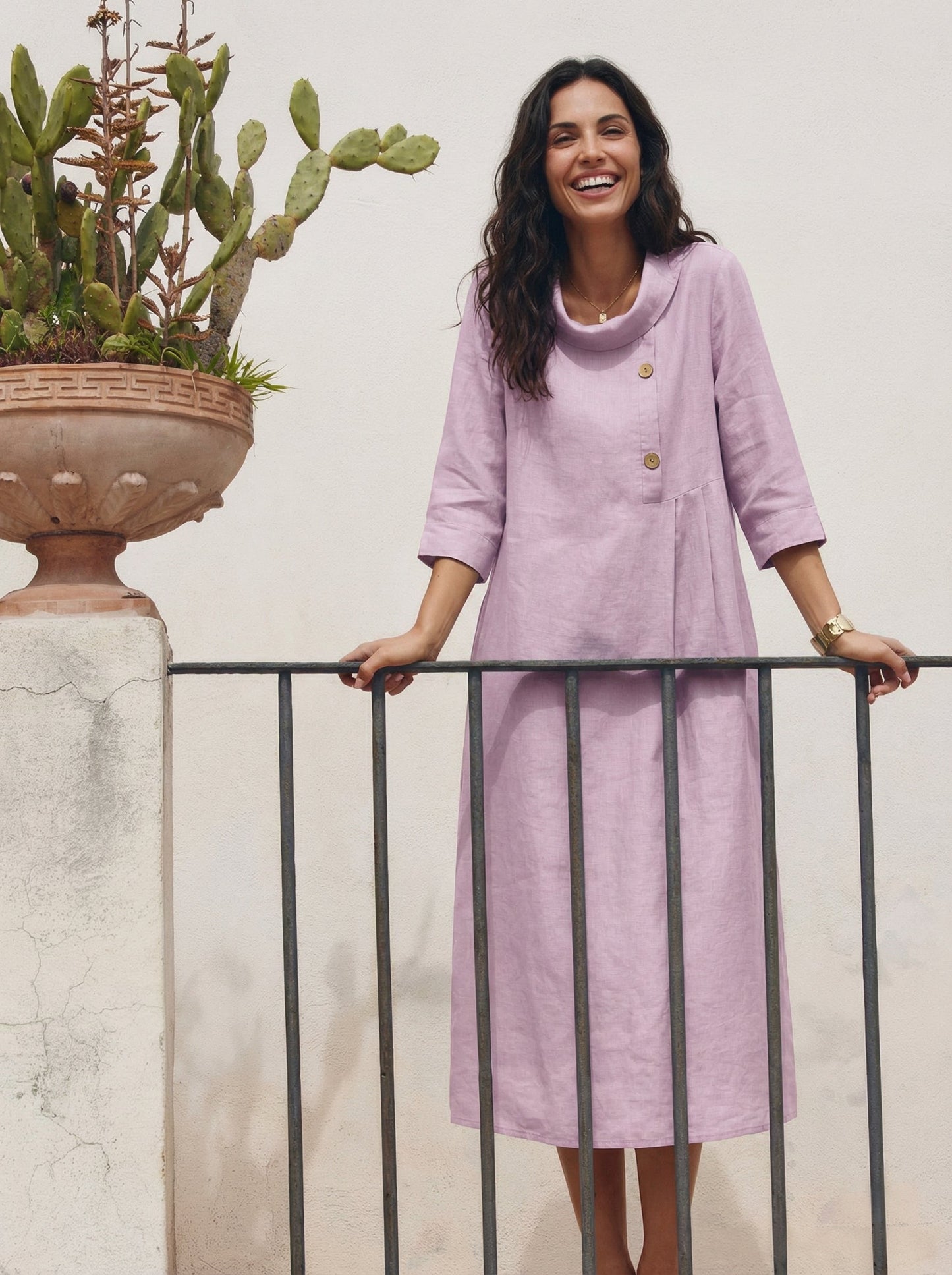 100% Linen Rolled Collar Asymmetric Button Maxi Dress ELARAINE LINTICO