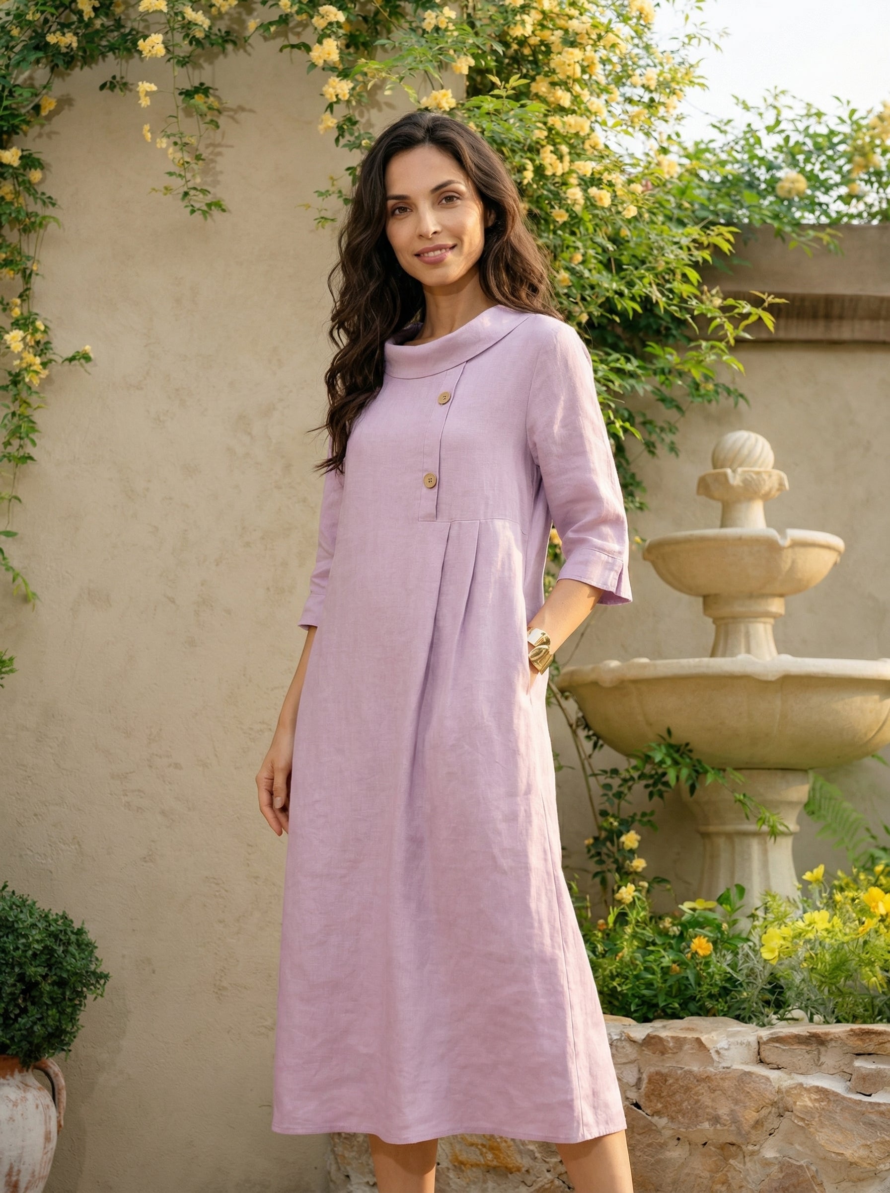 100% Linen Rolled Collar Asymmetric Button Maxi Dress ELARAINE LINTICO